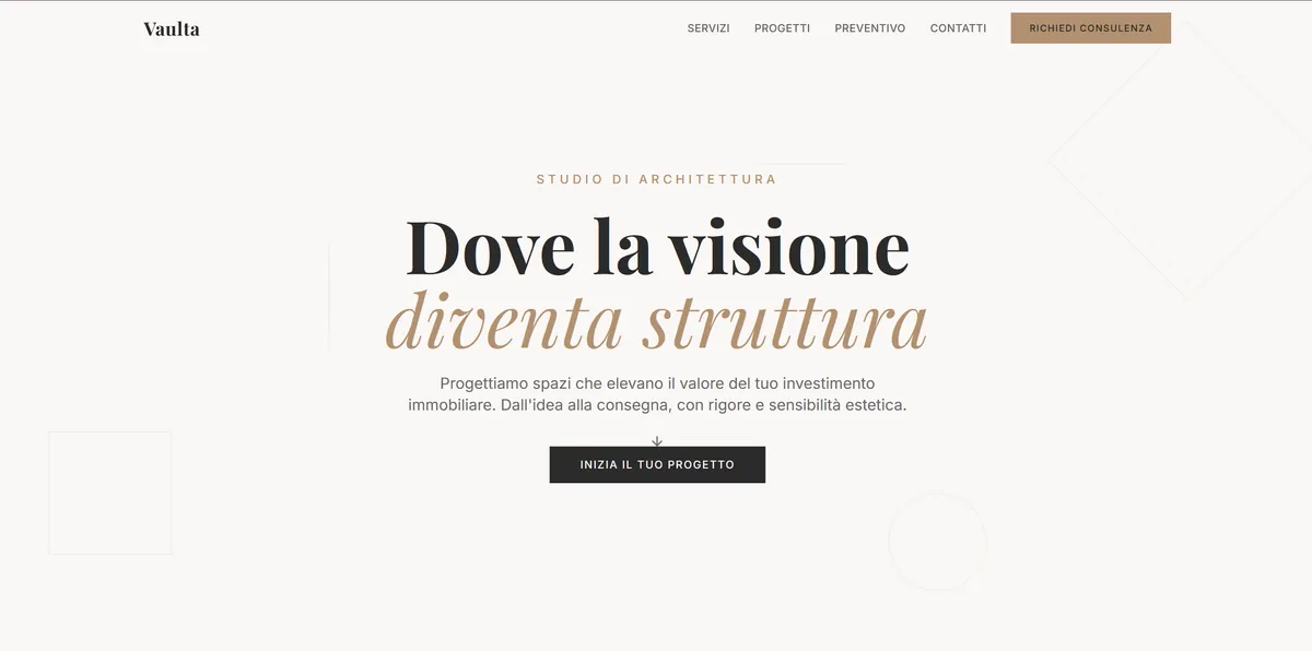 Screenshot del sito Vaulta Architettura — Sito Vetrina